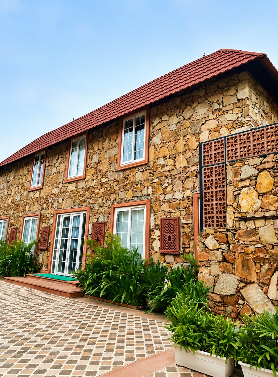 Rubble stone villa facade with red tile roof and jaali panels