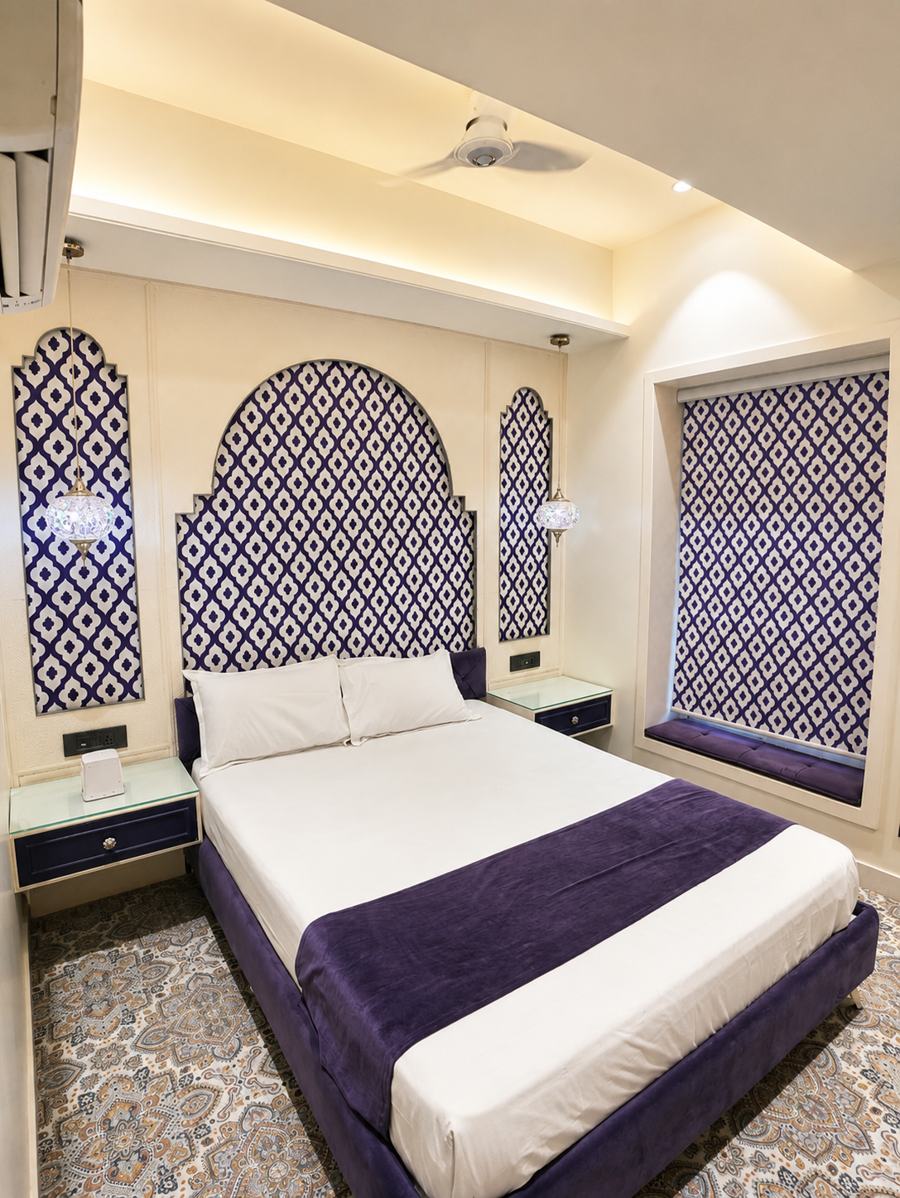 Blue and white jaali arch headboard